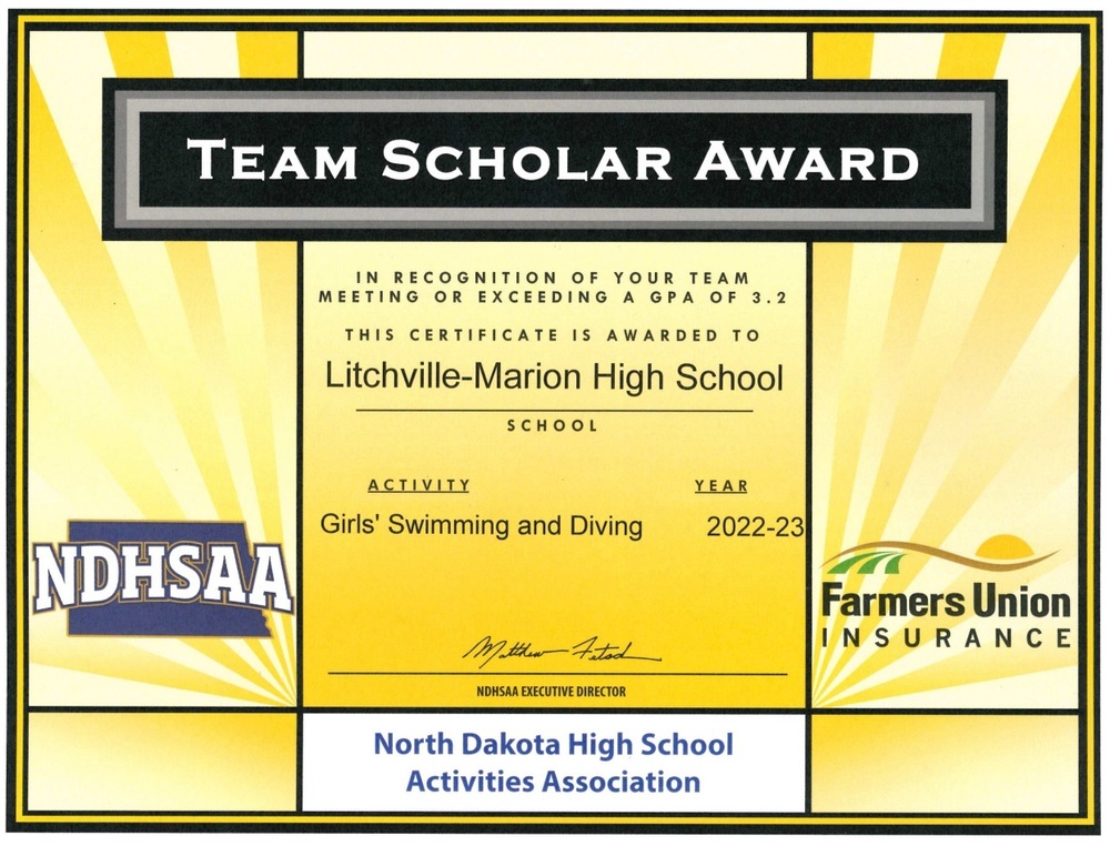 certificate awarding the swim team  the 2022-23 team scholar award granted by the NDHSAA for meeting or exceeding a team gpa of 3.2