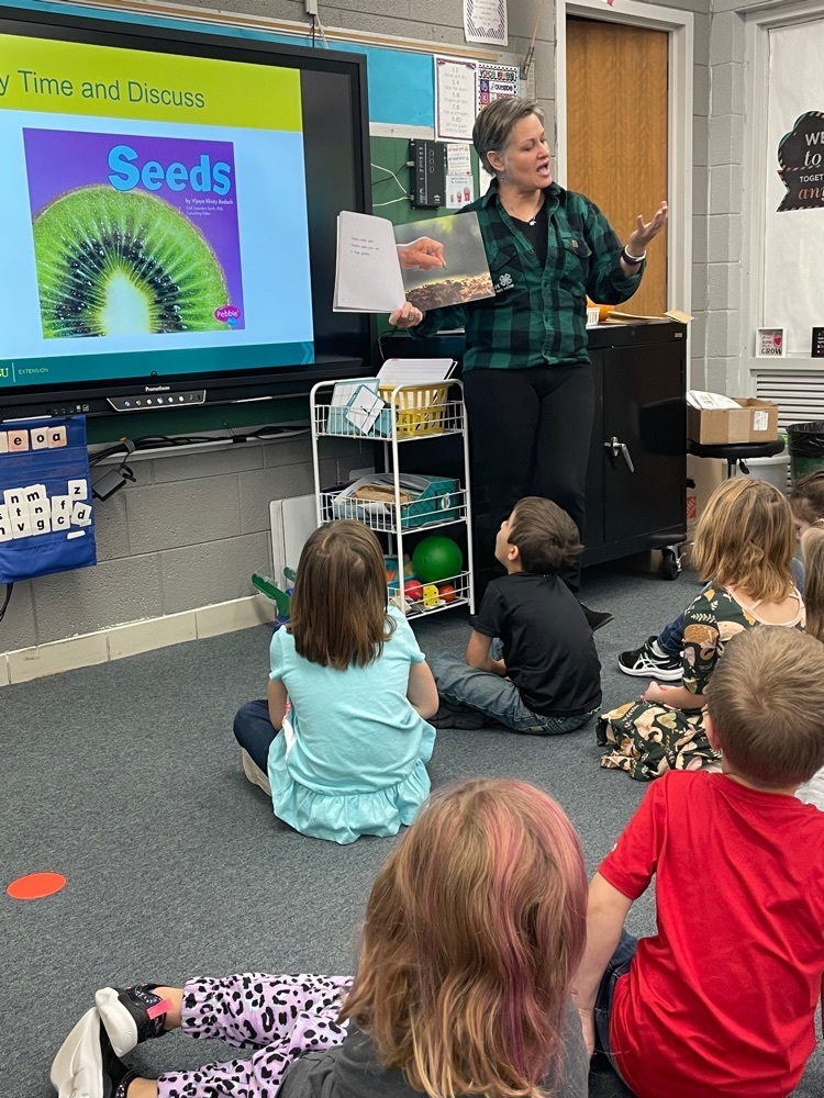Sue reads a book about seeds.