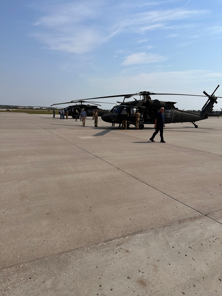 Two Blackhawks helicopters. 